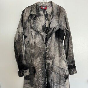 Vintage Red Balls On Fire Gray Denim Trench Coat Goth Vampire Industrial Style